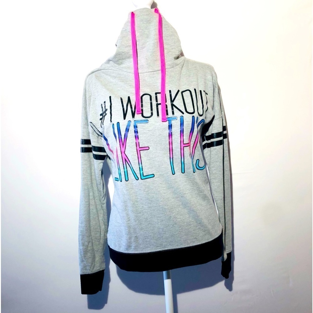 Material Girl Active Women gray hoodie with logo #1 WORKOUT LIKE THIS. Size XS